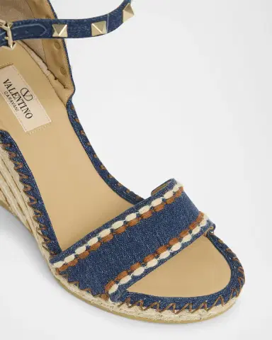 Valentino Garavani 105mm Rockstud Denim Wedge Espadrille Sandals | Thumbnail 4