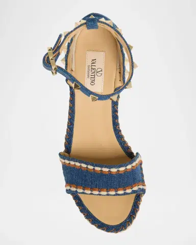 Valentino Garavani 105mm Rockstud Denim Wedge Espadrille Sandals | Thumbnail 5