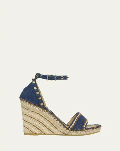 Valentino Garavani 105mm Rockstud Denim Wedge Espadrille Sandals | Thumbnail 6