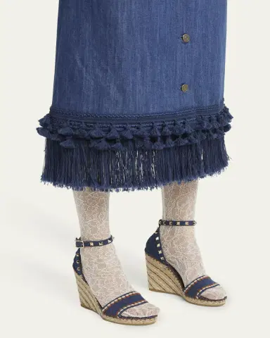 Valentino Garavani 105mm Rockstud Denim Wedge Espadrille Sandals | Thumbnail 7