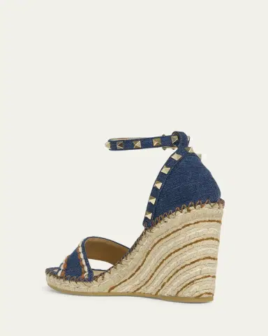 Valentino Garavani 105mm Rockstud Denim Wedge Espadrille Sandals | Thumbnail 9