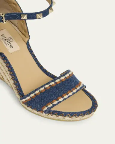 Valentino Garavani 105mm Rockstud Denim Wedge Espadrille Sandals | Thumbnail 10