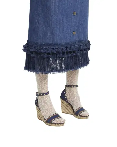 Valentino Garavani 105mm Rockstud Denim Wedge Espadrille Sandals | Thumbnail 1