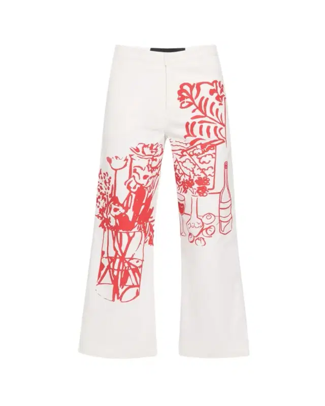 Still Life Silk Screen-Printed Wide-Leg Crop Pants