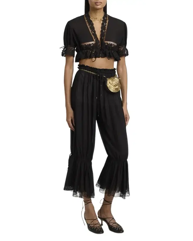 Drawstring Lace-Trim Cropped Pants