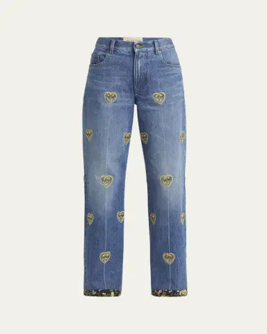 Valentino Garavani Embroidered Heart Denim Pants with Floral Boarder | Thumbnail 5 Valentino Garavani Embroidered Heart Denim Pants with Floral Boarder | Thumbnail 5