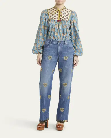 Valentino Garavani Embroidered Heart Denim Pants with Floral Boarder | Thumbnail 6 Valentino Garavani Embroidered Heart Denim Pants with Floral Boarder | Thumbnail 6