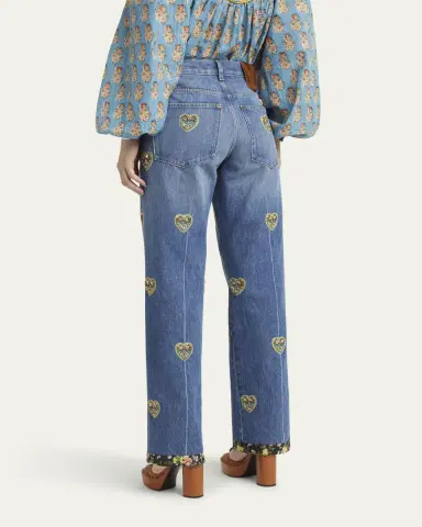Valentino Garavani Embroidered Heart Denim Pants with Floral Boarder | Thumbnail 7 Valentino Garavani Embroidered Heart Denim Pants with Floral Boarder | Thumbnail 7