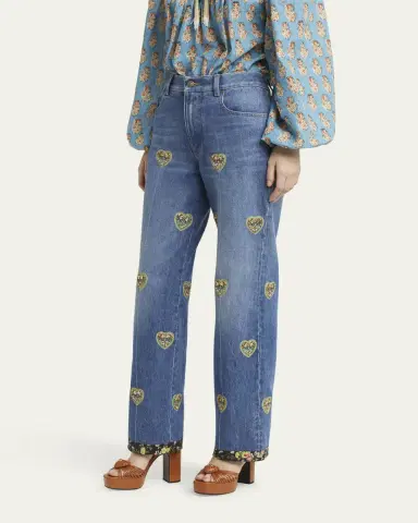 Valentino Garavani Embroidered Heart Denim Pants with Floral Boarder | Thumbnail 8 Valentino Garavani Embroidered Heart Denim Pants with Floral Boarder | Thumbnail 8