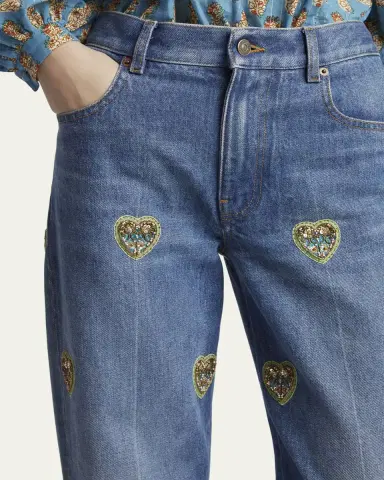 Valentino Garavani Embroidered Heart Denim Pants with Floral Boarder | Thumbnail 9 Valentino Garavani Embroidered Heart Denim Pants with Floral Boarder | Thumbnail 9
