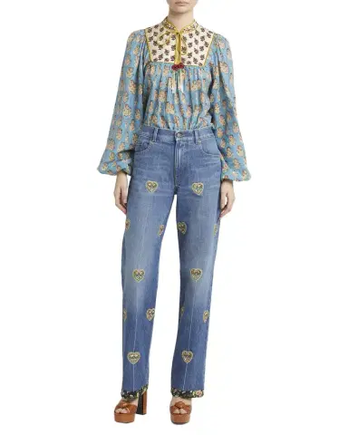 Valentino Garavani Embroidered Heart Denim Pants with Floral Boarder | Thumbnail 1 Valentino Garavani Embroidered Heart Denim Pants with Floral Boarder | Thumbnail 1
