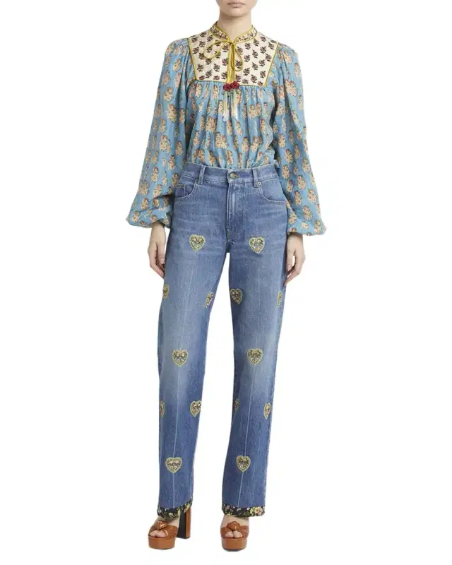 Embroidered Heart Denim Pants with Floral Boarder