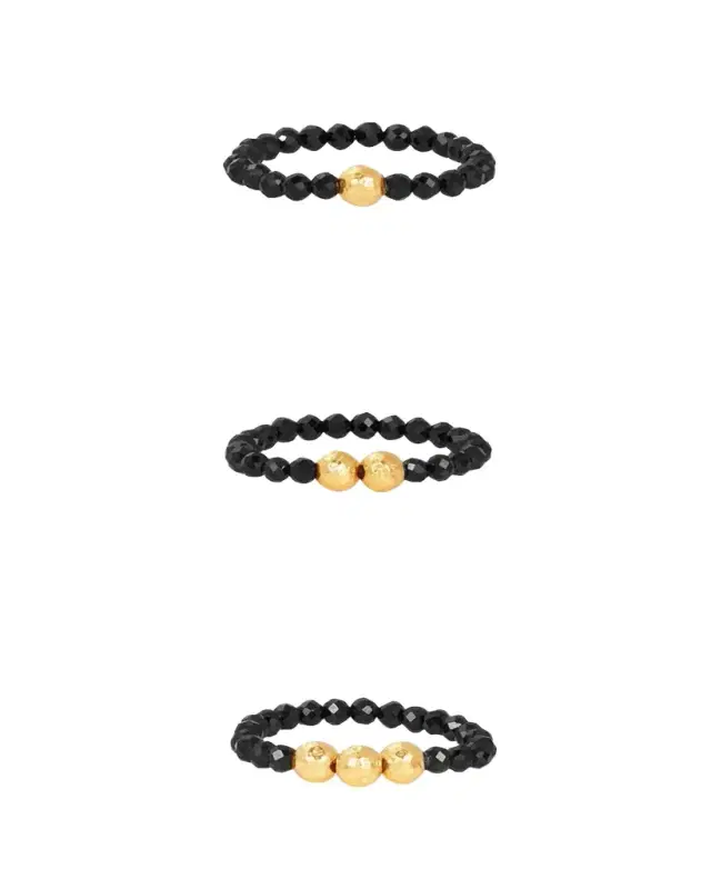 KAREN LAZAR 3mm Micro Faceted Black Spinel Stone and 14K Gold-Filled Textured Bead Rings