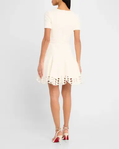Oscar de la Renta Short-Sleeve Cutout-Hem Tweed Mini Dress With Belt | Thumbnail 2