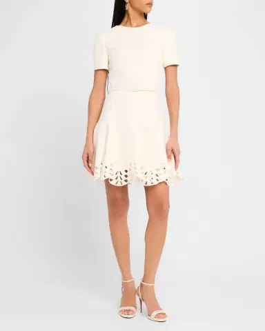 Oscar de la Renta Short-Sleeve Cutout-Hem Tweed Mini Dress With Belt | Thumbnail 3