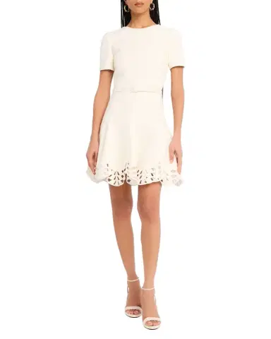 Oscar de la Renta Short-Sleeve Cutout-Hem Tweed Mini Dress With Belt | Thumbnail 1