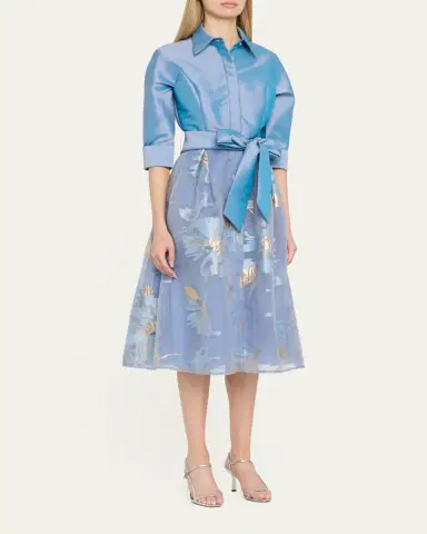 Rickie Freeman for Teri Jon Taffeta & Floral Organza Midi Shirtdress | Thumbnail 4
