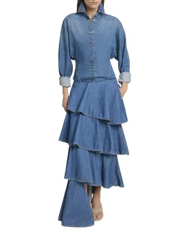 Seamed Button-Down Denim Top