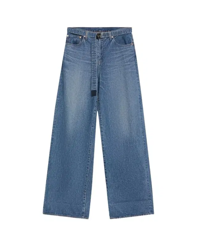 Belted Denim Wide-Leg Pants