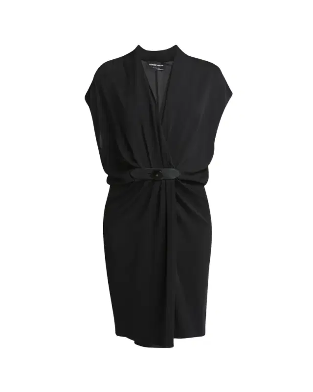 Gathered Leather Buckle Silk Dress