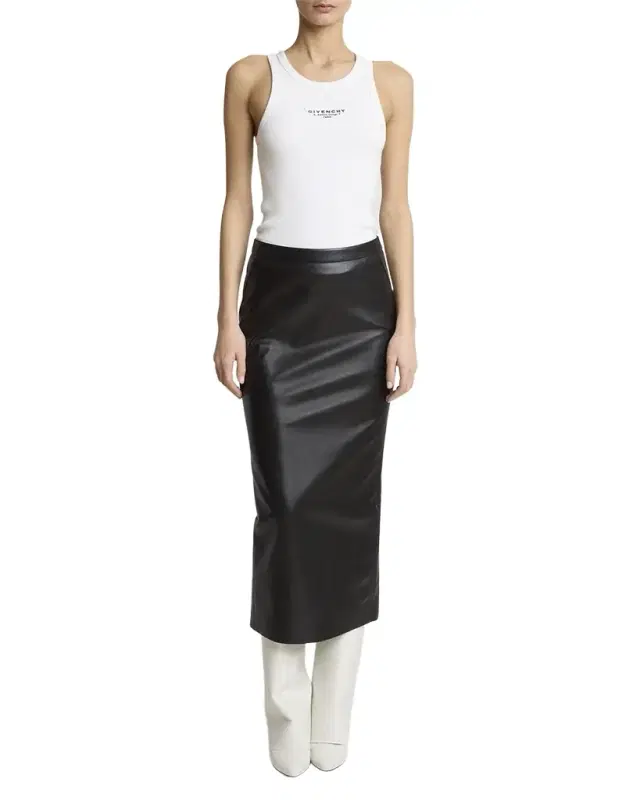 Leather Godet-Back Midi Pencil Skirt