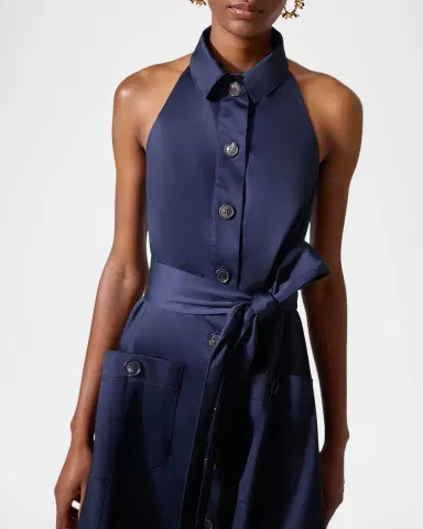 Carolina Herrera Collared Button-Front Halter Midi Dress | Thumbnail 3