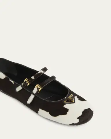 Prada Cow Hair Double Mary Jane Triangle Logo Ballerina Flats | Thumbnail 3 Prada Cow Hair Double Mary Jane Triangle Logo Ballerina Flats | Thumbnail 3