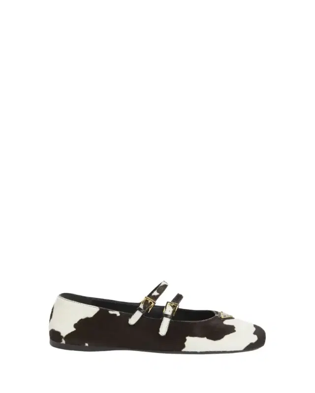 Cow Hair Double Mary Jane Triangle Logo Ballerina Flats