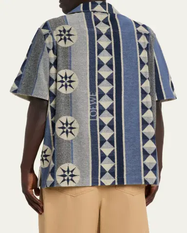 Loewe Men's Cotton Terry Compass-Print Camp Shirt | Thumbnail 3 Loewe Men's Cotton Terry Compass-Print Camp Shirt | Thumbnail 3