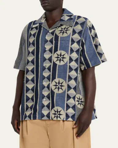 Loewe Men's Cotton Terry Compass-Print Camp Shirt | Thumbnail 4 Loewe Men's Cotton Terry Compass-Print Camp Shirt | Thumbnail 4