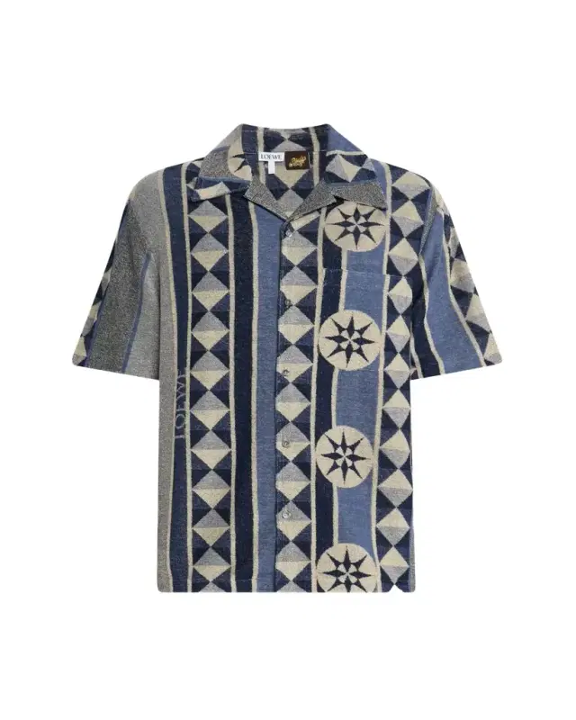 Men's Cotton Terry Compass-Print Camp Shirt