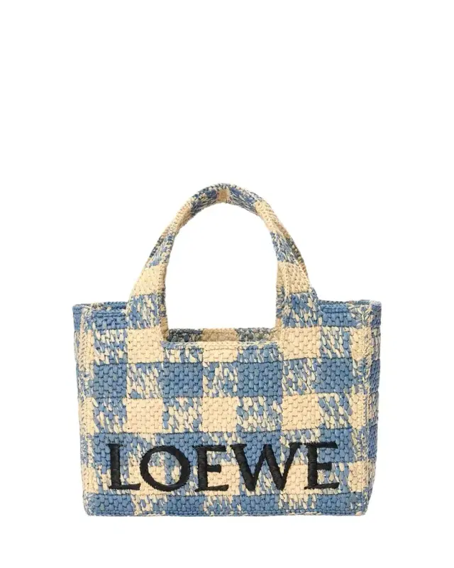 LOEWE Medium Logo Tote Bag in Gingham Raffia