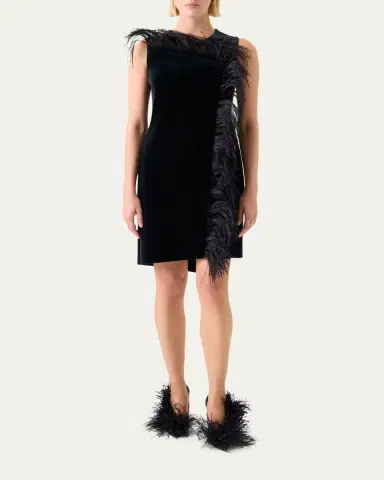 Akris Neoprene Velvet Feather-Trim Asymmetric Mini Dress | Thumbnail 2 Akris Neoprene Velvet Feather-Trim Asymmetric Mini Dress | Thumbnail 2
