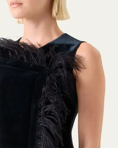 Akris Neoprene Velvet Feather-Trim Asymmetric Mini Dress | Thumbnail 4 Akris Neoprene Velvet Feather-Trim Asymmetric Mini Dress | Thumbnail 4