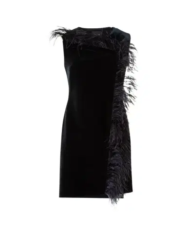 Akris Neoprene Velvet Feather-Trim Asymmetric Mini Dress | Thumbnail 1 Akris Neoprene Velvet Feather-Trim Asymmetric Mini Dress | Thumbnail 1