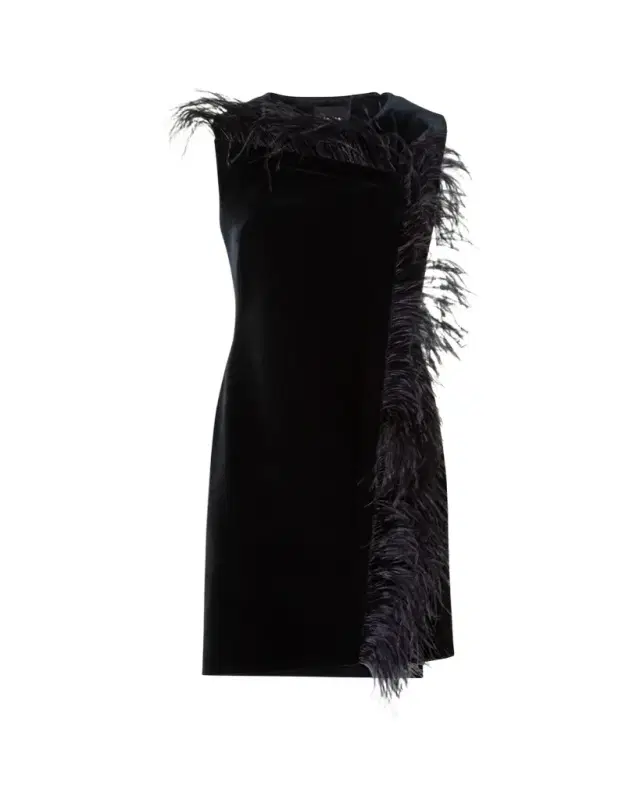 Akris Neoprene Velvet Feather-Trim Asymmetric Mini Dress