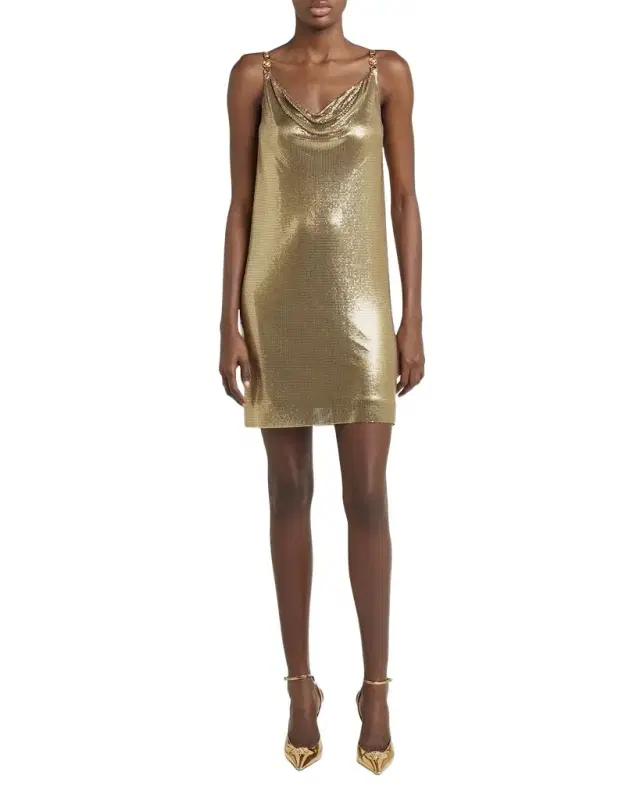 Sleeveless Cowl-Neck Metal Mesh Mini Dress
