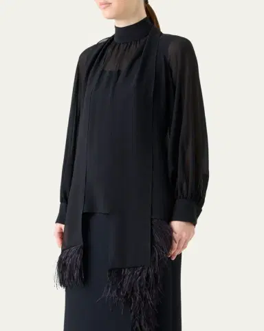 Akris Feather-Trim Scarf Silk Georgette Blouse | Thumbnail 4 Akris Feather-Trim Scarf Silk Georgette Blouse | Thumbnail 4