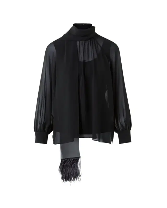 Feather-Trim Scarf Silk Georgette Blouse