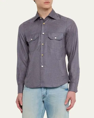 Kiton Men's Cashmere Blend Micro-Check Overshirt | Thumbnail 4 Kiton Men's Cashmere Blend Micro-Check Overshirt | Thumbnail 4