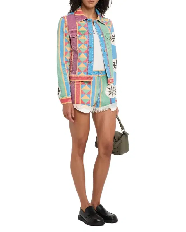 Geo Print Denim Frayed Peekaboo Shorts