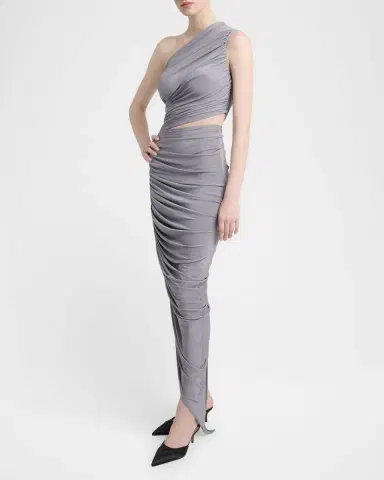 Alaïa Asymmetric Ruched Cutout Midi Dress | Thumbnail 3 Alaïa Asymmetric Ruched Cutout Midi Dress | Thumbnail 3