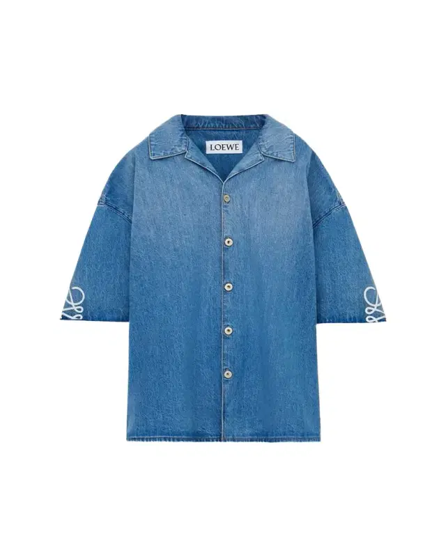 Loewe Men's Washed Denim Anagram-Sleeve Camp Shirt