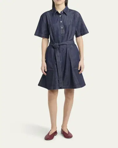 Bottega Veneta Short-Sleeve Belted Denim Shirtdress | Thumbnail 2 Bottega Veneta Short-Sleeve Belted Denim Shirtdress | Thumbnail 2