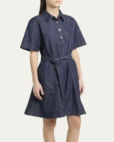 Bottega Veneta Short-Sleeve Belted Denim Shirtdress | Thumbnail 4 Bottega Veneta Short-Sleeve Belted Denim Shirtdress | Thumbnail 4