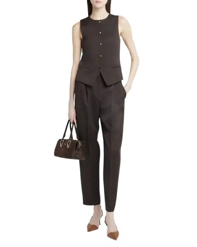 Pleated Wool Straight-Leg Ankle Trousers