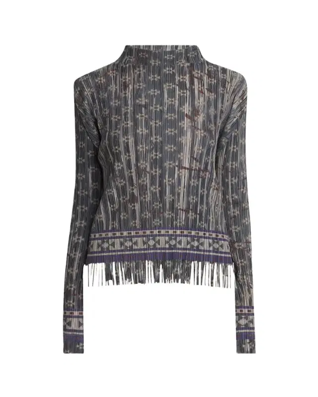 Mock-Neck Geo Jersey Plisse Fringe Top