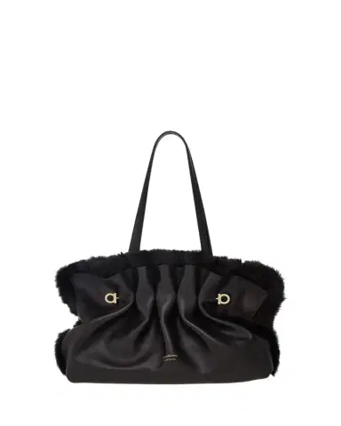 Ferragamo Medium Gancio Piercing Shoulder Bag with Fur Trim | Thumbnail 1 Ferragamo Medium Gancio Piercing Shoulder Bag with Fur Trim | Thumbnail 1