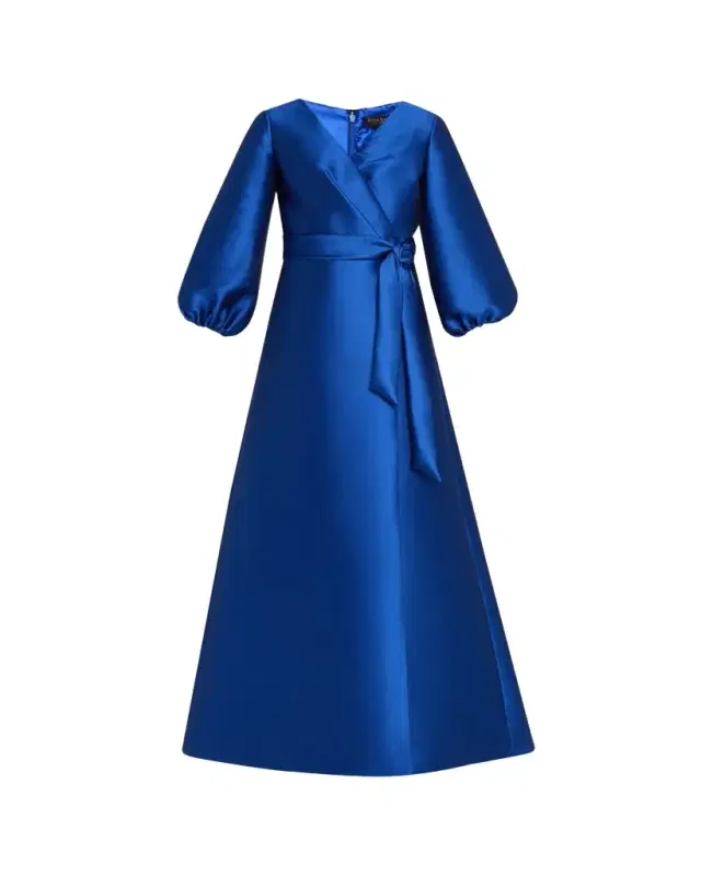 Bishop-Sleeve Mikado Pique Wrap Gown