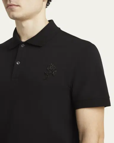 Alexander McQueen Men's Short-Sleeve Beaded Rose Piqué Polo Shirt | Thumbnail 5